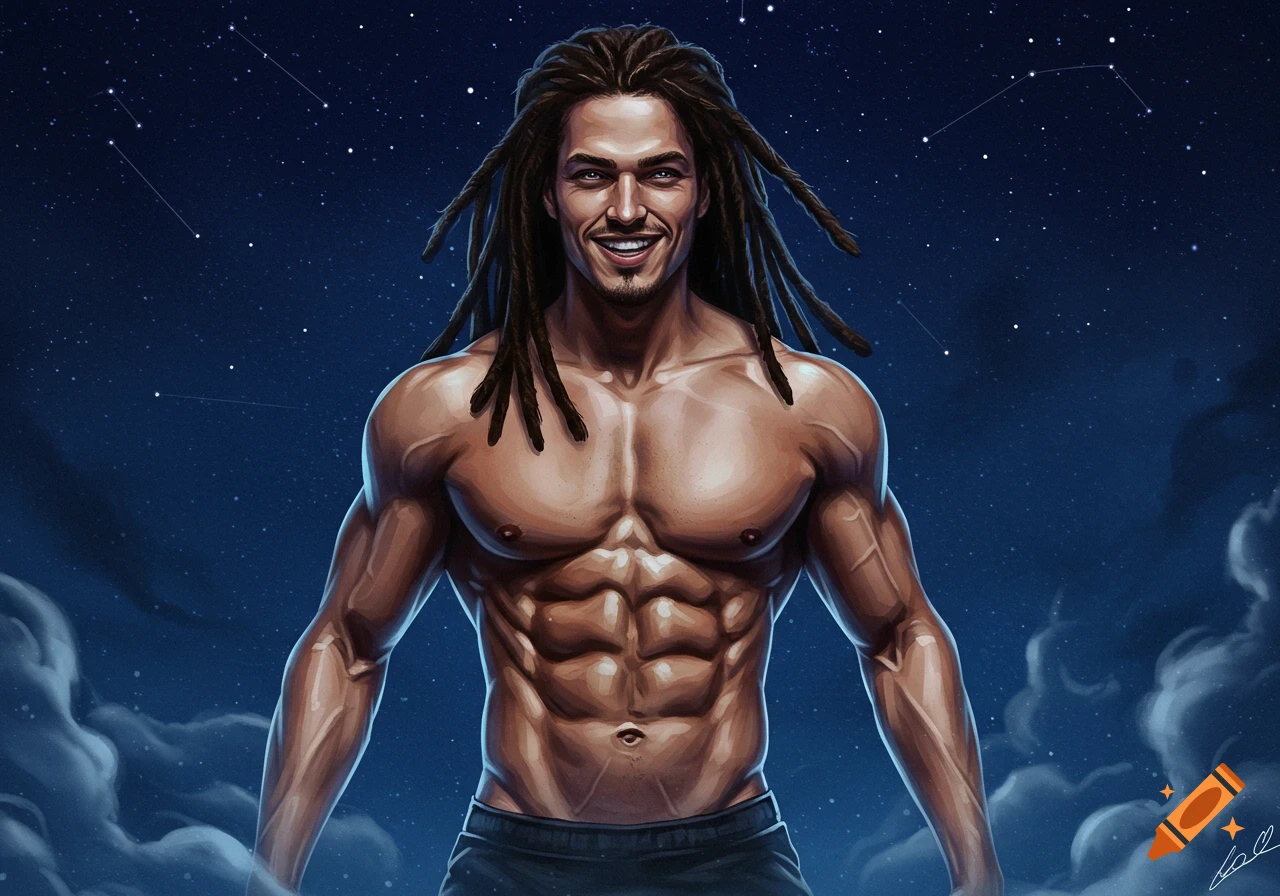 A muscular man with dreadlocks smiles, shirtless, against a starry night sky with clouds.
