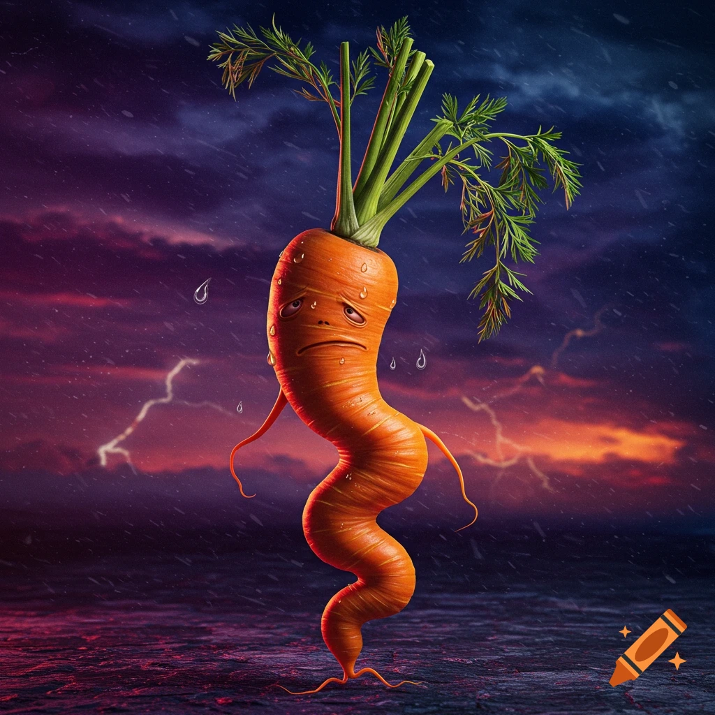 A sad, anthropomorphic carrot stands in a rainy, stormy landscape with lightning.
