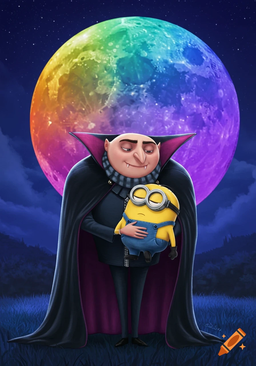Gru in a vampire costume gently holds a sleeping Minion in front of a giant rainbow moon at night.