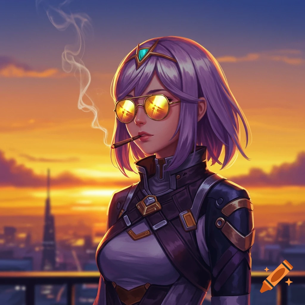 An anime character with purple hair and gold sunglasses smokes a cigar on a rooftop at sunset, with a city skyline in the background.