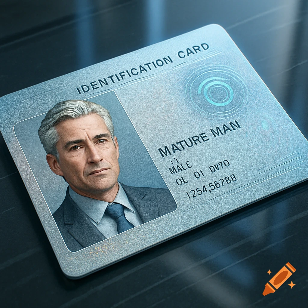 A photorealistic image of a blue identification card with a portrait of a mature man in a suit.