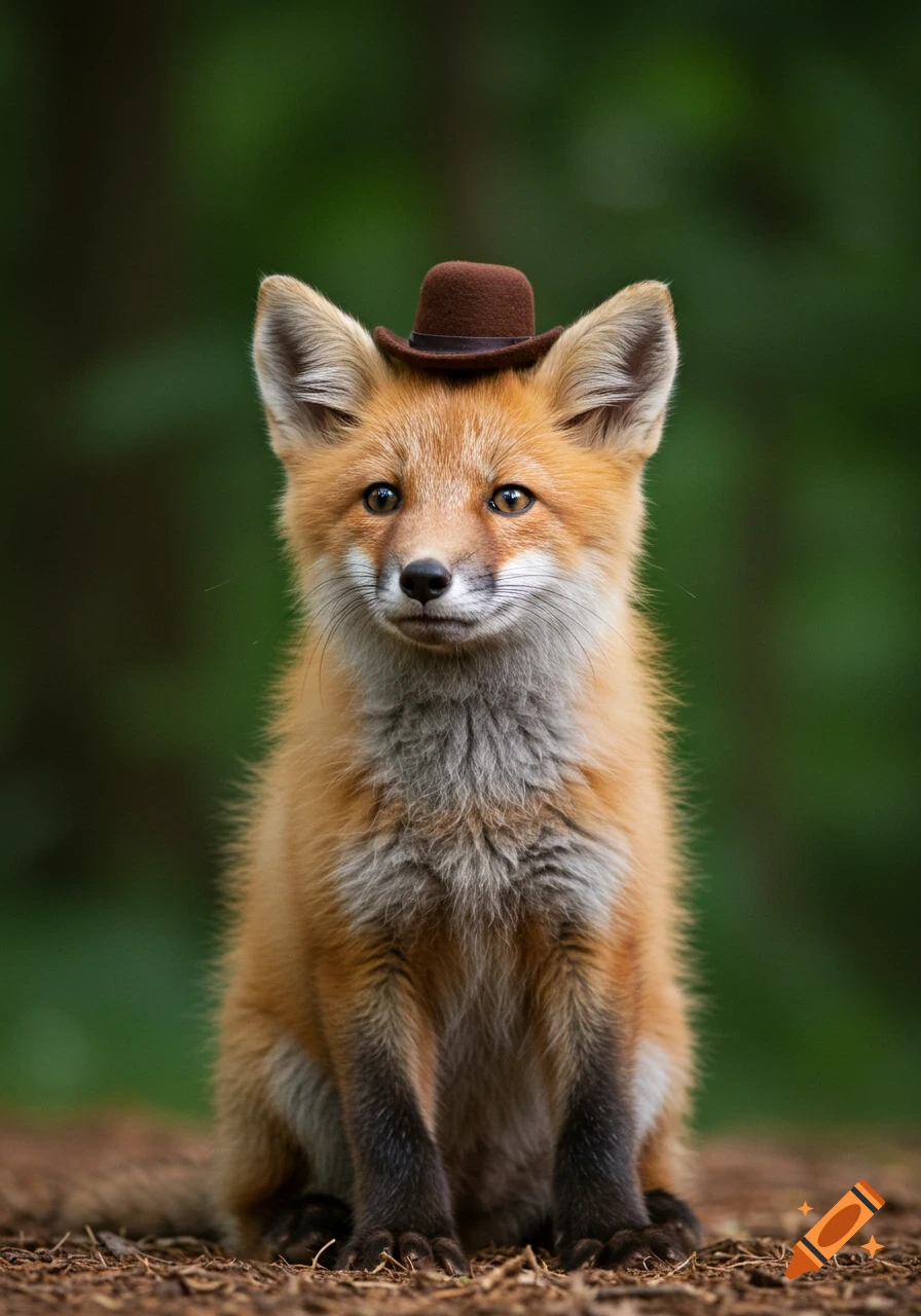 A cute young fox with reddish-orange fur and a small brown hat sits upright on the forest floor, looking forward.