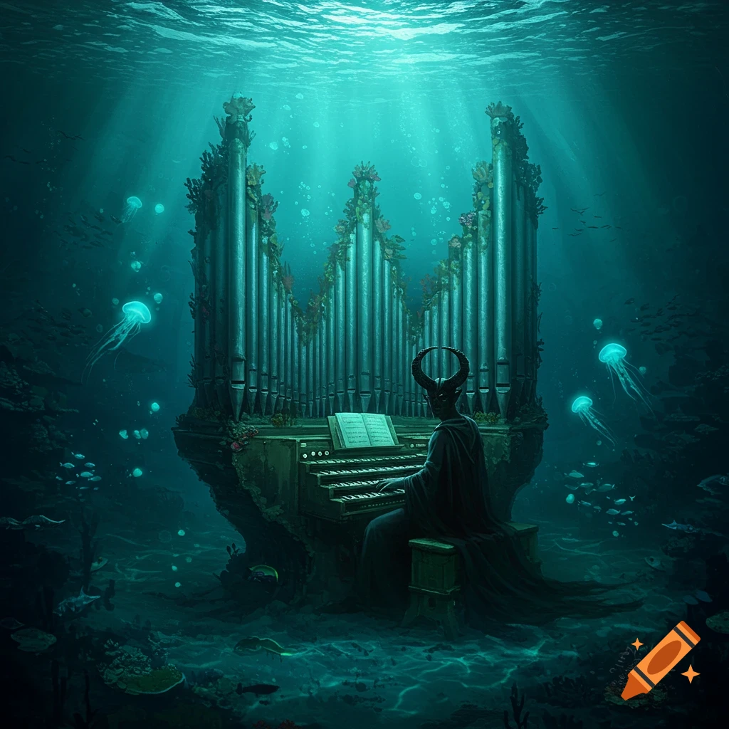 A horned figure resembling Satan plays a massive pipe organ on the dark, ethereal ocean floor, surrounded by glowing jellyfish and fish.