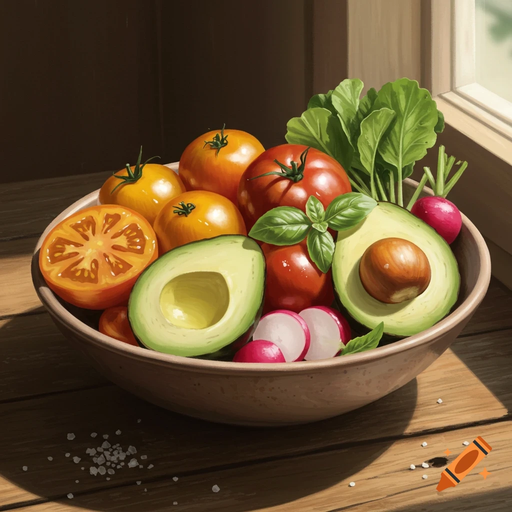 A bowl of fresh produce including tomatoes, avocados, radishes, basil, and lettuce, on a wooden table in a painterly style.