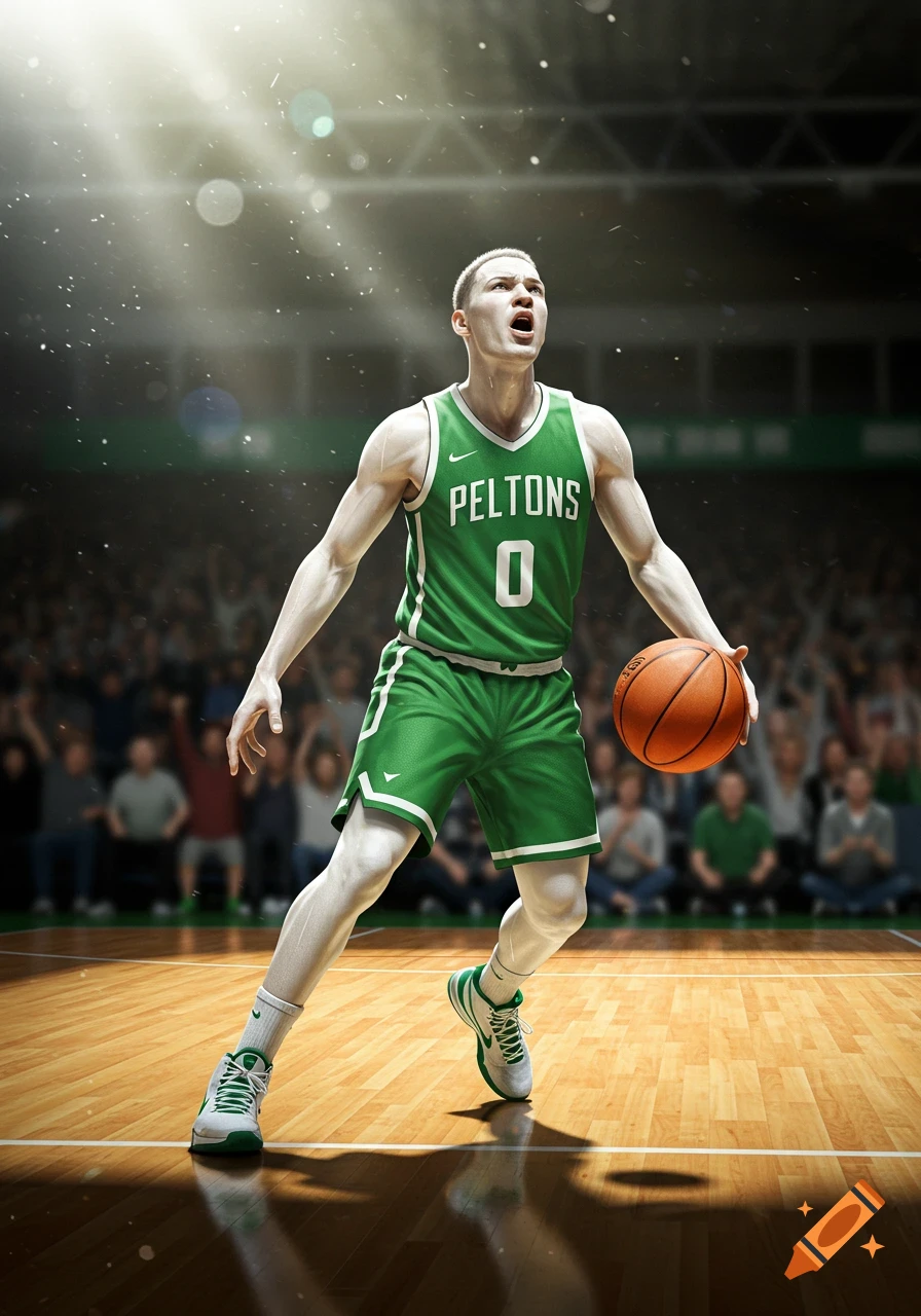 Photorealistic image of a male basketball player in a green jersey with number 0, dribbling on a court under bright lights.