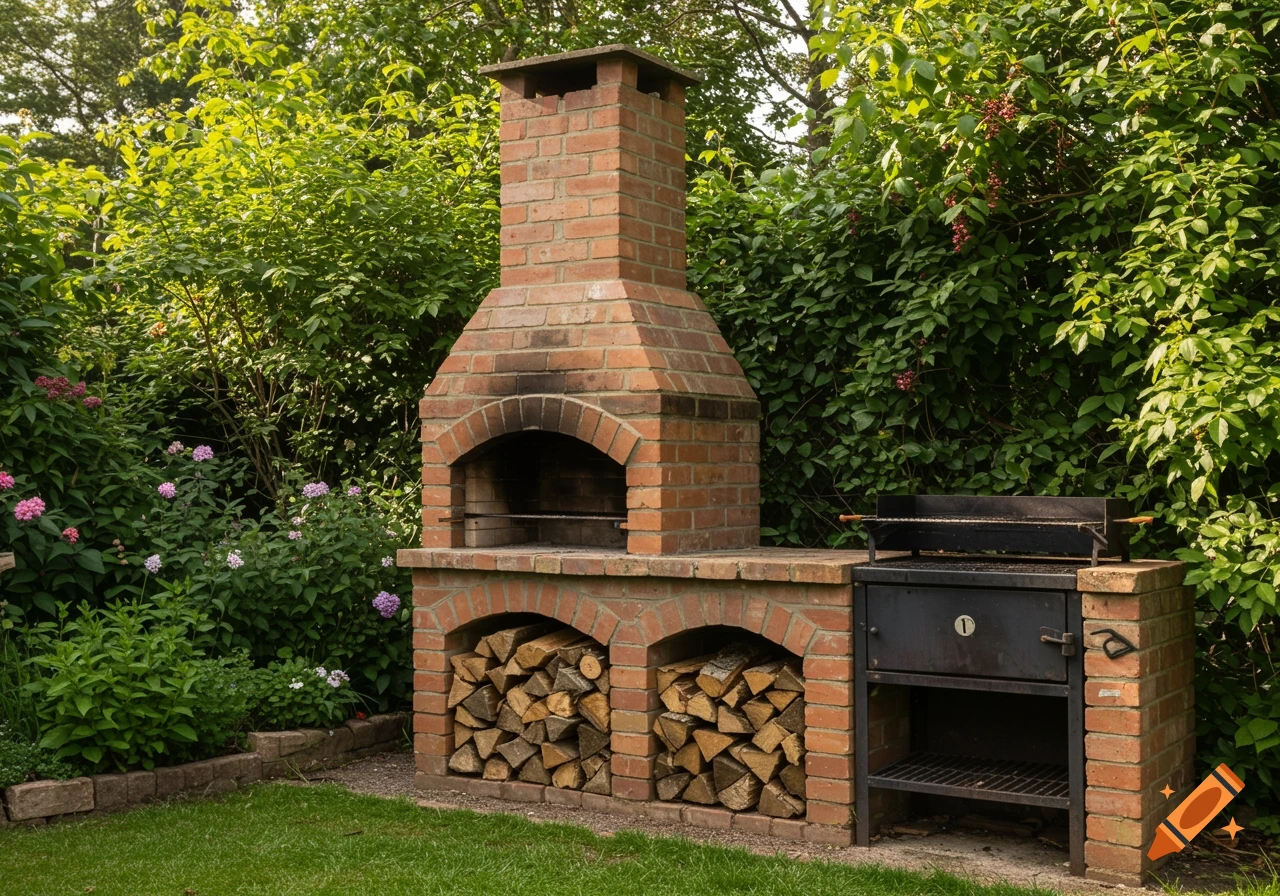 A photorealistic image of a brick outdoor barbecue and stove with firewood, set in a lush green garden.
