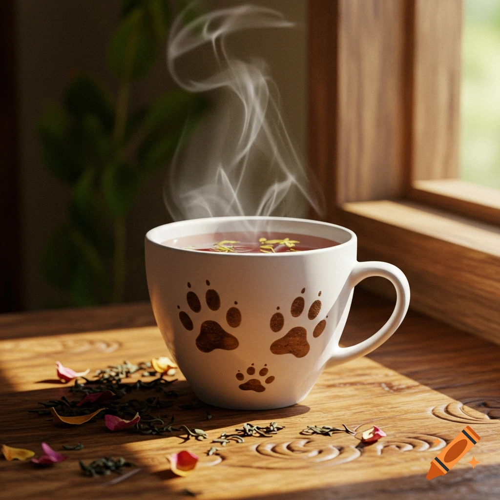Steaming cup of tea with paw prints on a wooden table, scattered with tea leaves and rose petals, lit by sunlight.