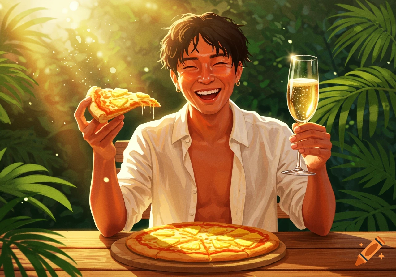 A happy man with a sunburnt face eats pineapple pizza and drinks champagne outdoors.