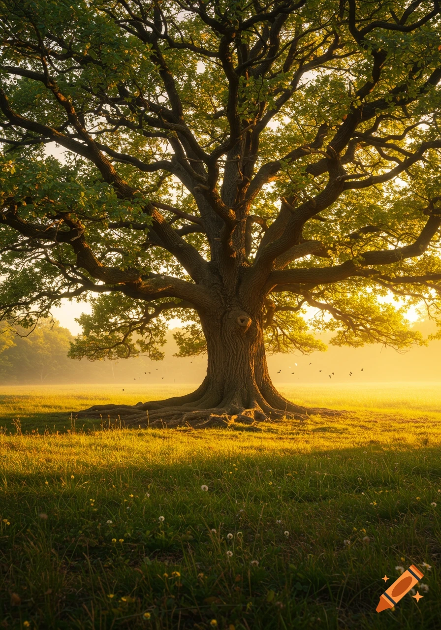 A majestic oak tree stands in a golden sunlit field with green grass, small birds fly in the misty distance.