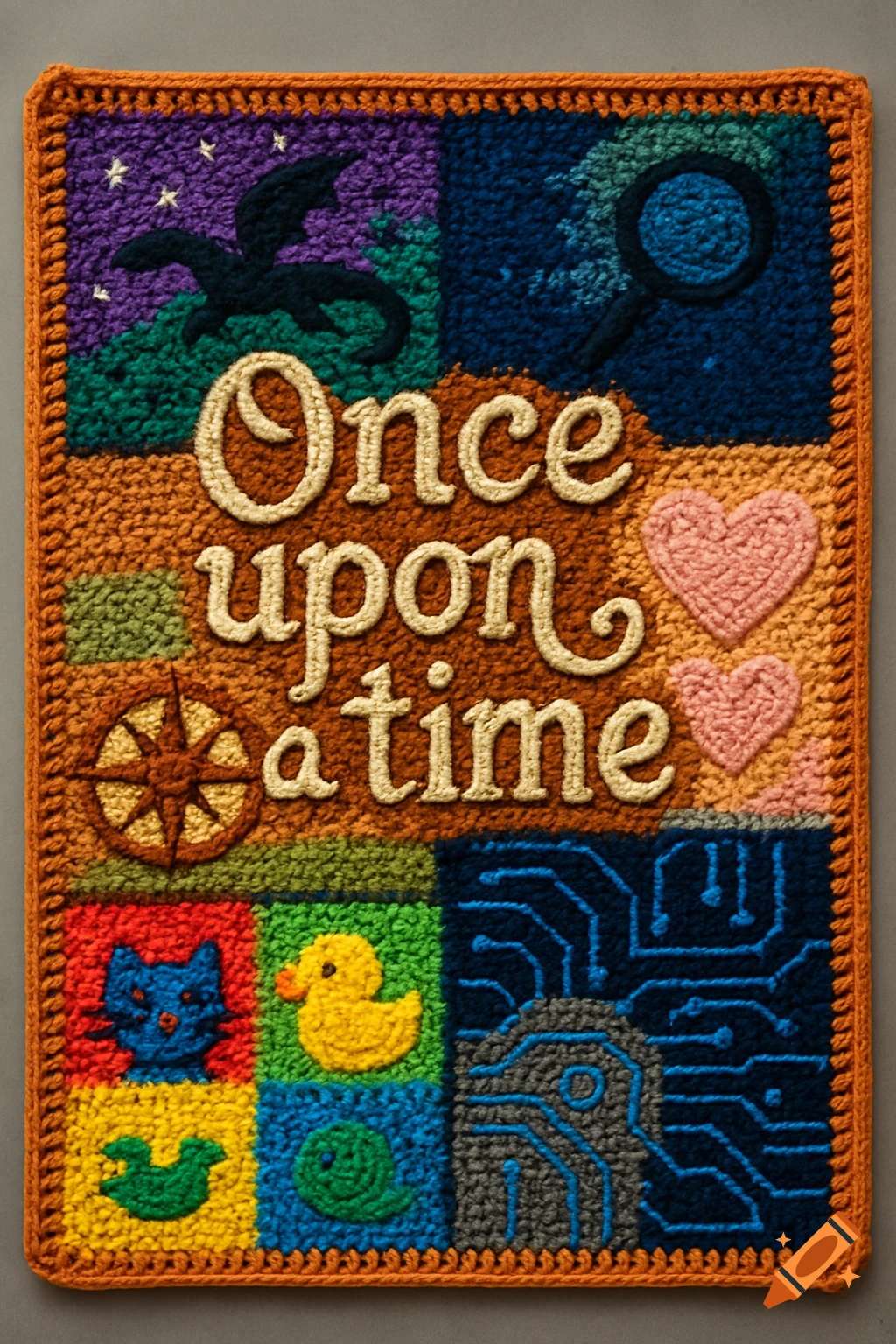 Colorful crochet blanket with 'Once upon a time' text and squares depicting fantasy, mystery, and children's themes.