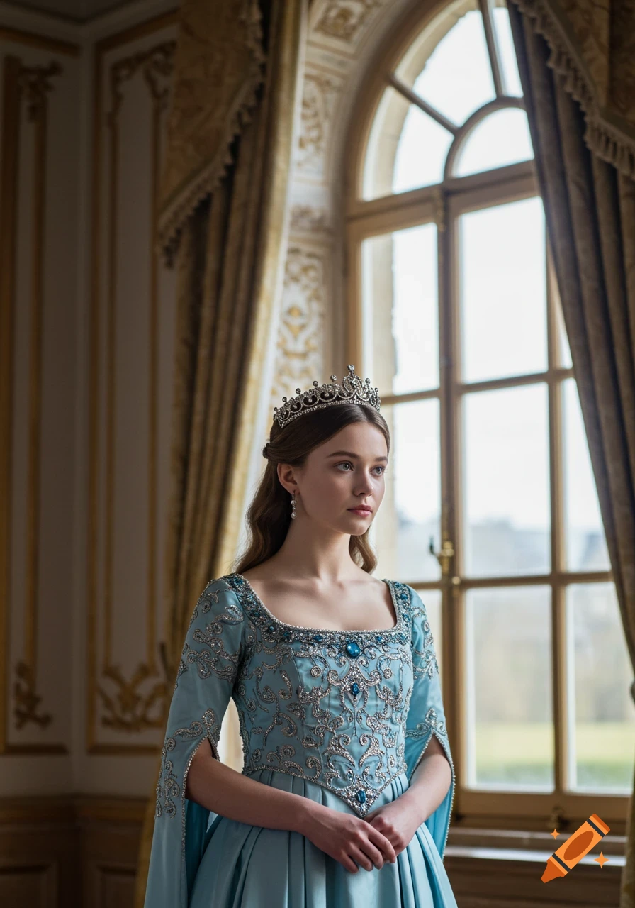 Photorealistic portrait of a young queen wearing an elegant blue dress and silver tiara, standing by a palace window.