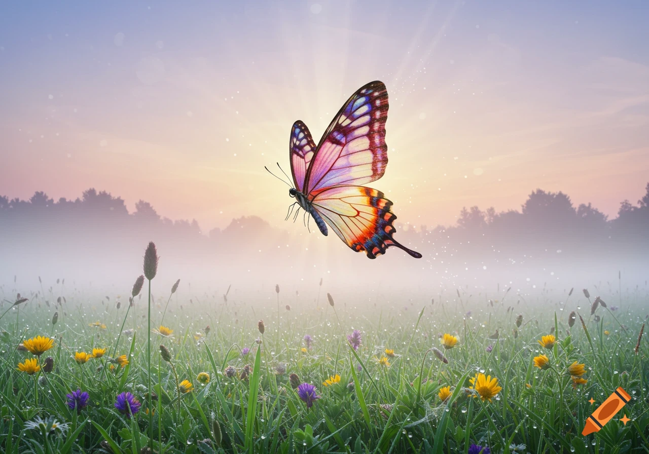 A vibrant butterfly hovers above a dewy field of green grass and colorful wildflowers during a misty sunrise.