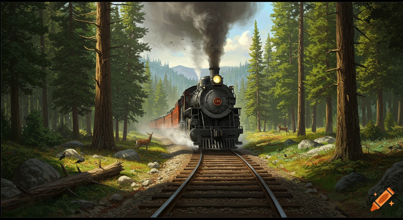 A vintage steam train travels on tracks through a lush forest, with deer on either side, in a detailed digital illustration.