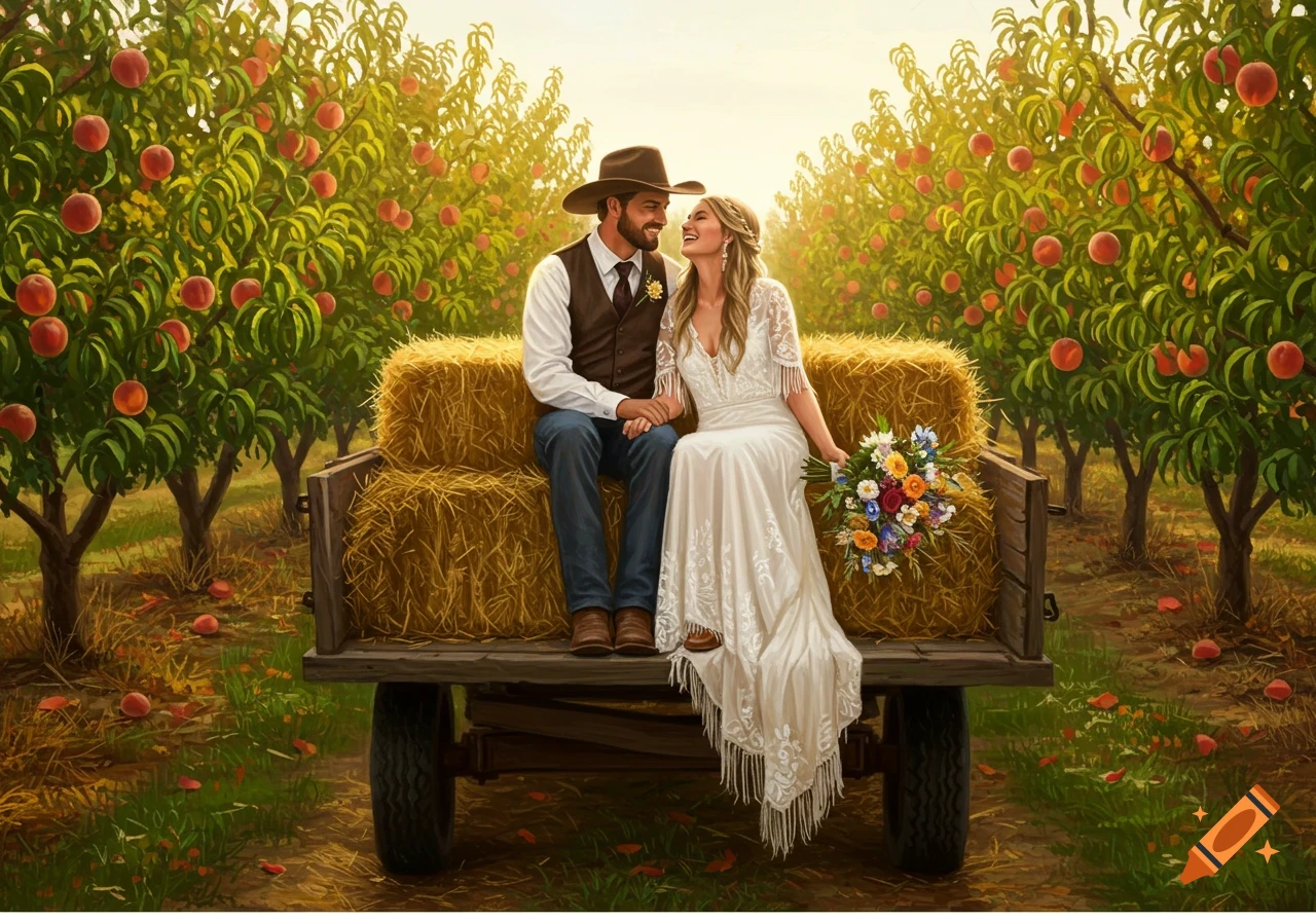 A wedding couple sits on hay bales in a wagon, smiling in a sunny peach orchard.