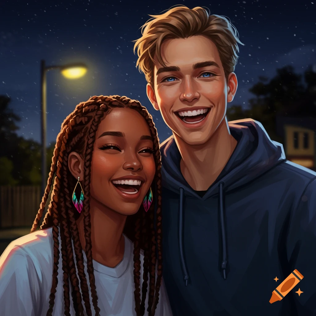 A close-up illustration of a joyful Black woman with box braids and a white man with blond hair, laughing together at night under a streetlamp.