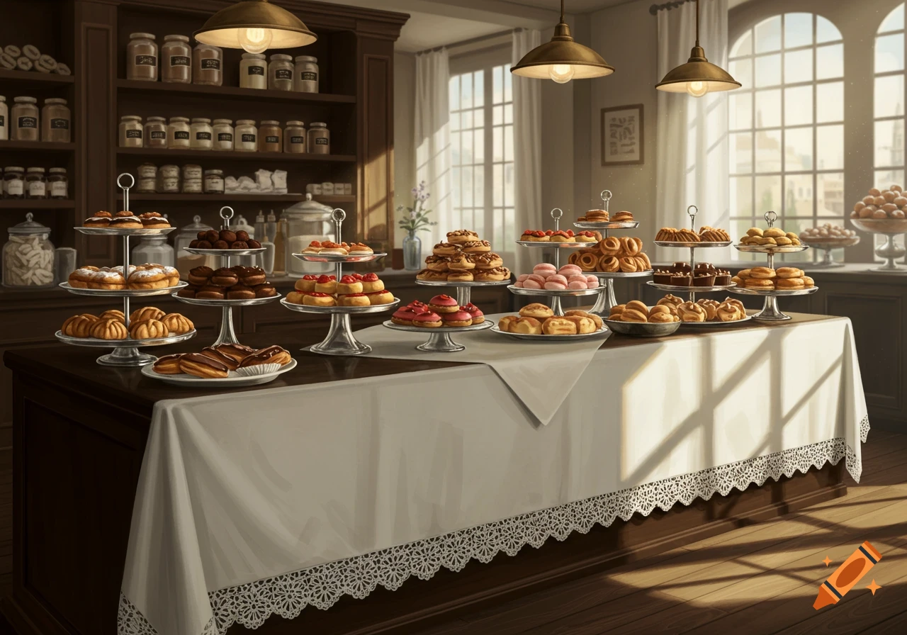 A detailed digital painting of a table laden with various pastries and baked goods in a sunlit pastry shop.