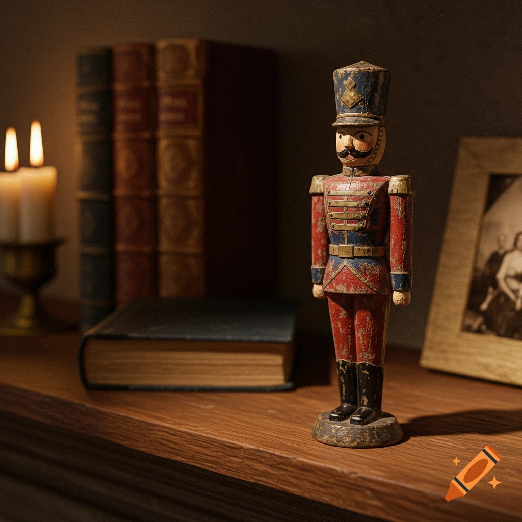 A vintage wooden toy soldier stands on a wooden shelf, with blurred books and lit candles in the background.