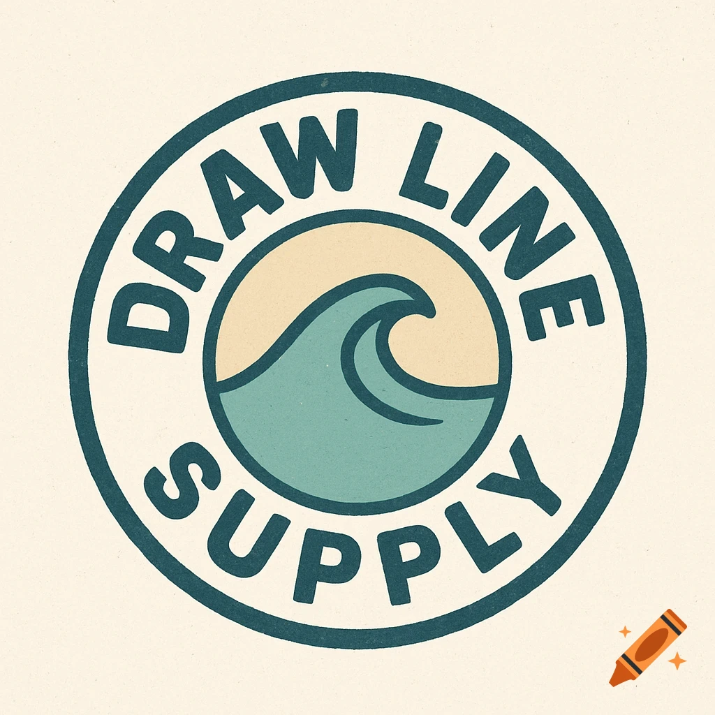 Retro circular logo with a wave icon and arched text 'DRAW LINE SUPPLY' in a distressed style.