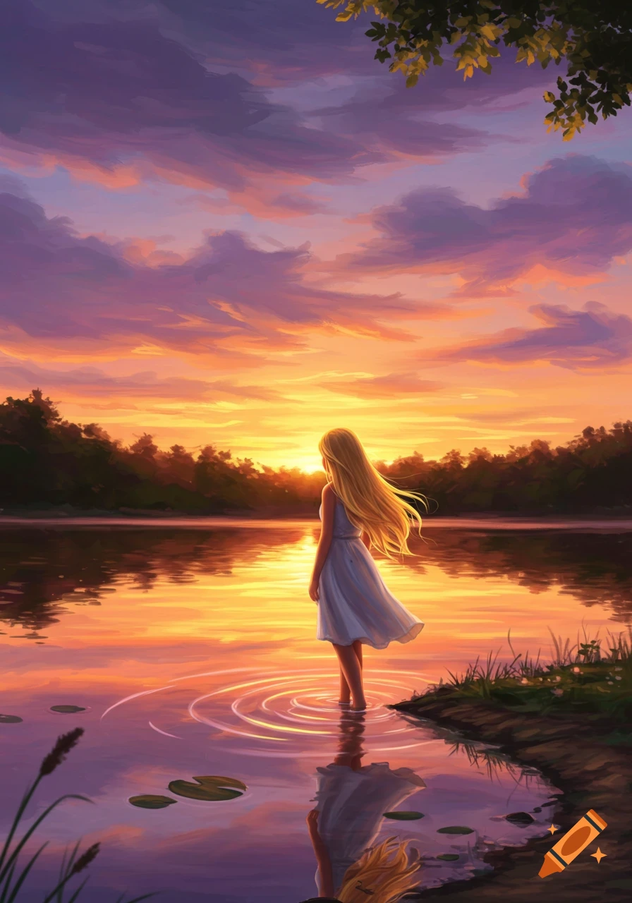Blonde girl standing in a lake at sunset, ripples in the water, vibrant orange and purple sky.