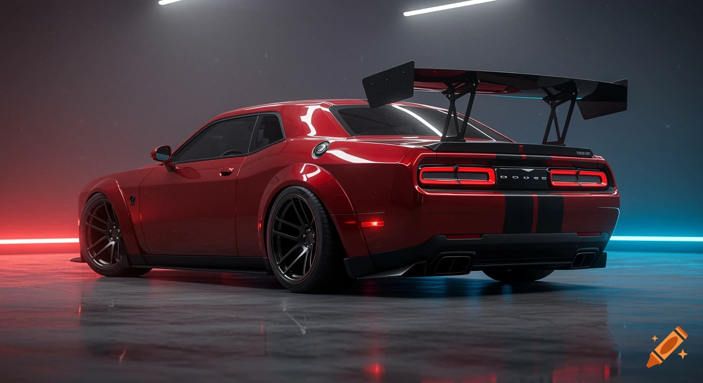 A red widebody Dodge Challenger with a large black rear spoiler, parked on a reflective floor with red and blue neon lighting.
