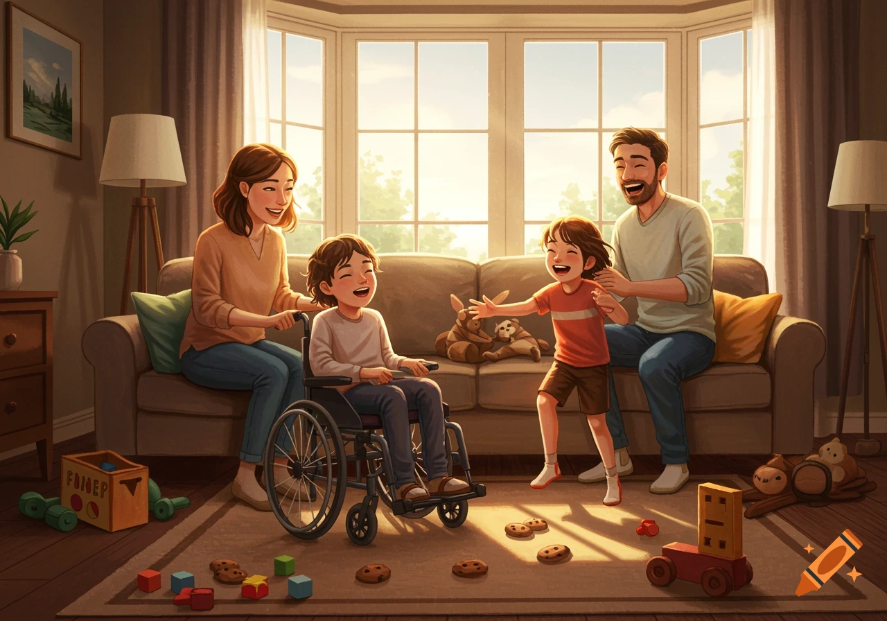 A happy family with two children, one in a wheelchair, playing with toys and laughing together in a sunlit living room, illustrated in a heartwarming style.