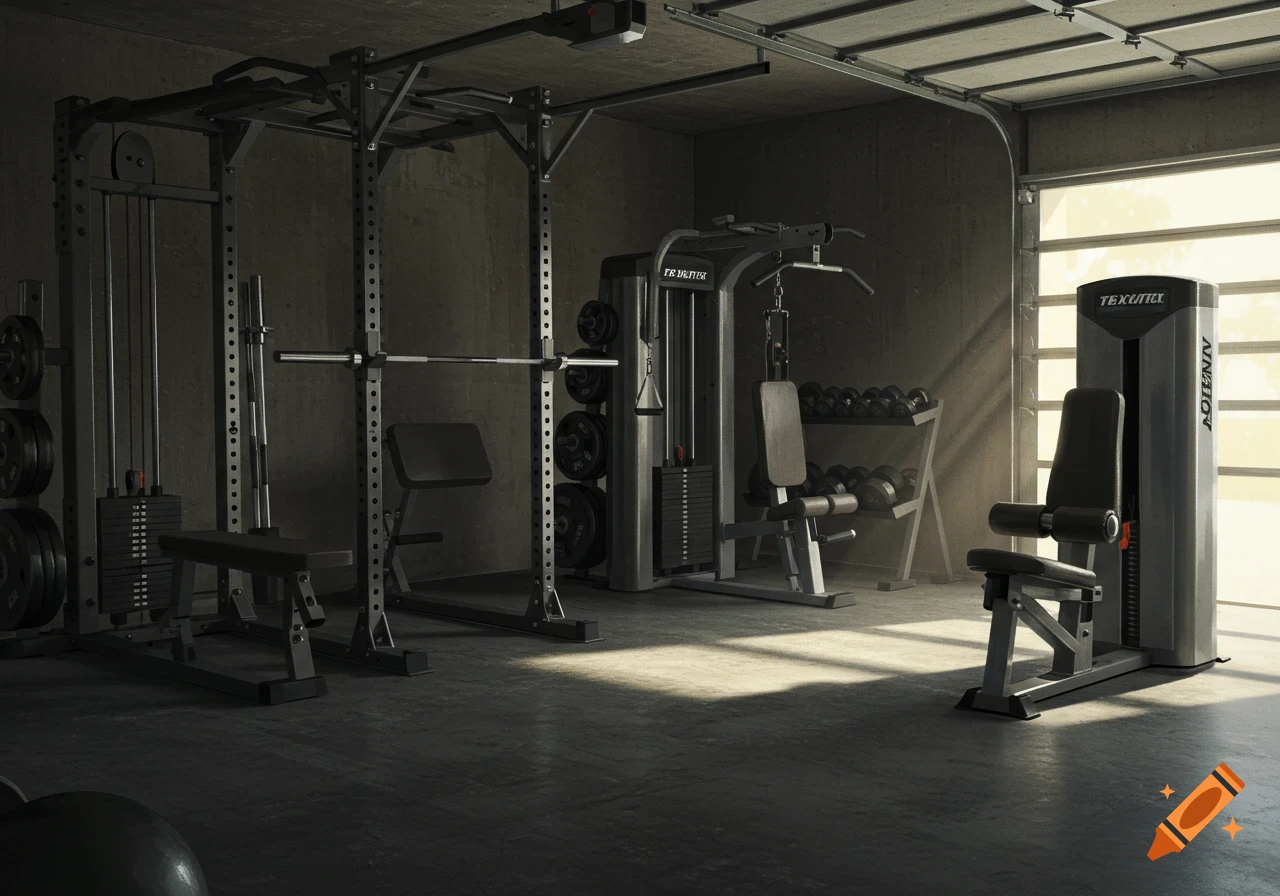 A photorealistic home gym set up in a garage, with various fitness equipment including a power rack, lat pulldown, and leg extension machine.