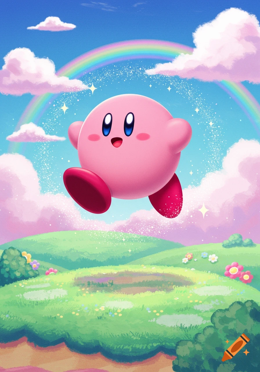 Pink Kirby character floating over green hills and colorful flowers under a rainbow in a vibrant, cartoon style.