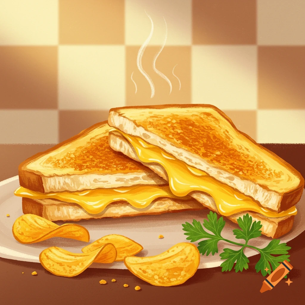 A close-up retro illustration of a steaming grilled cheese sandwich with melted cheese, served on a white plate with potato chips and a sprig of parsley.
