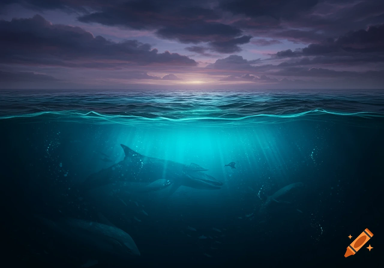 Underwater view of large marine creatures and schools of fish under shafts of light, with a cloudy twilight sky and ocean surface above.