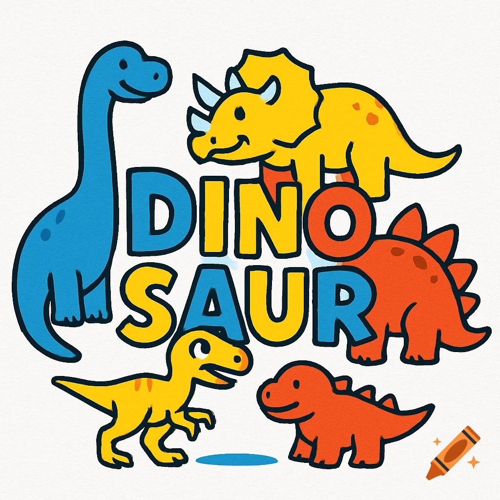Colorful cartoon dinosaurs with the word "DINOSAUR" in blue, yellow, and red letters on a white background.