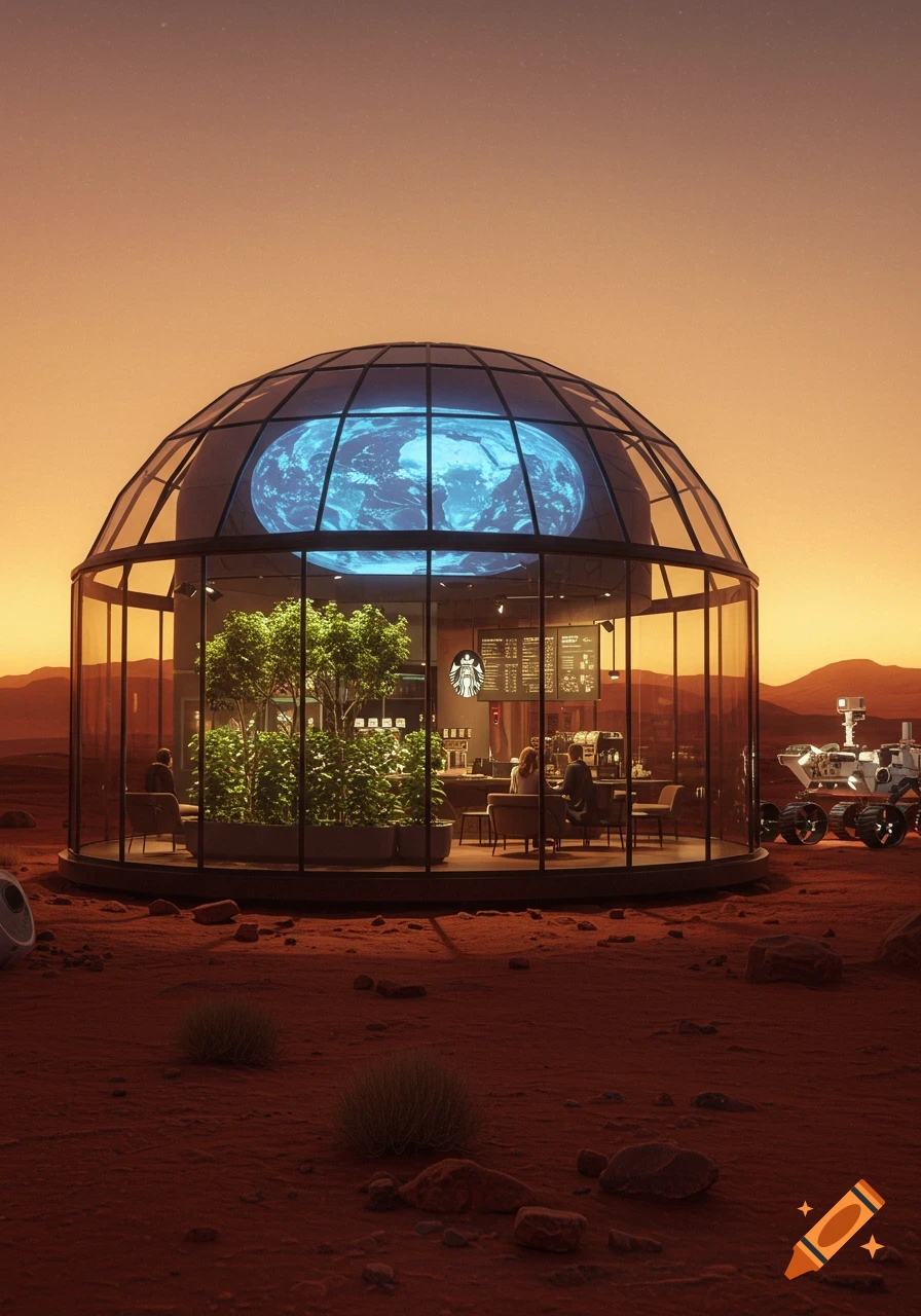 A photorealistic image of a glass dome Starbucks coffee shop on the red surface of Mars, with a glowing Earth inside the dome. A rover is nearby.