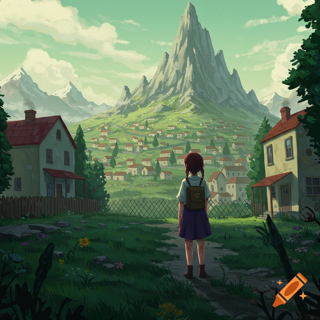 An illustration of a girl with a backpack looking at a village in a valley with a large mountain.
