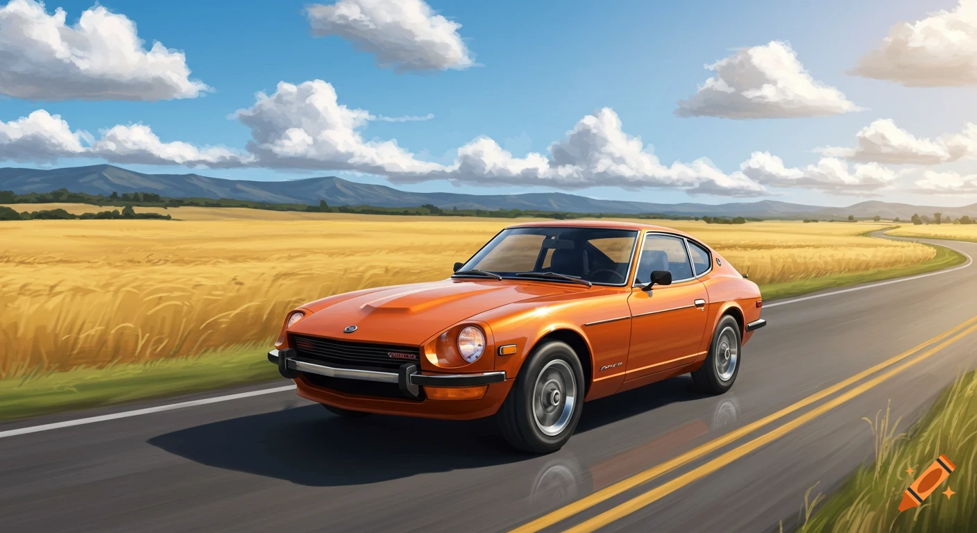 An orange Datsun 280Z drives on a winding road through golden fields under a blue sky with white clouds, in a painterly style.