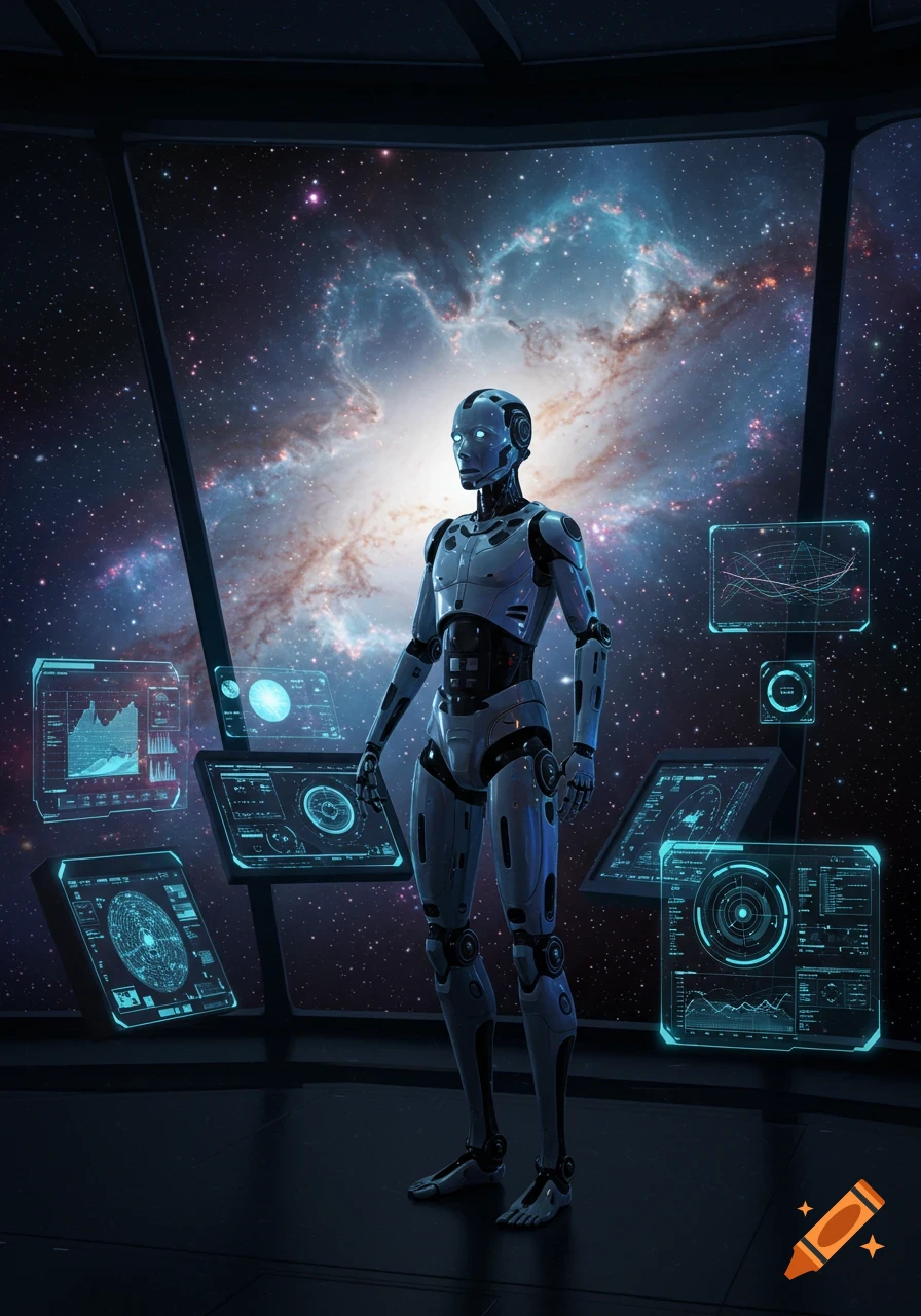 A photorealistic image of a robot standing in a spaceship cockpit, looking out at a swirling galaxy. Holographic screens with data surround the robot.