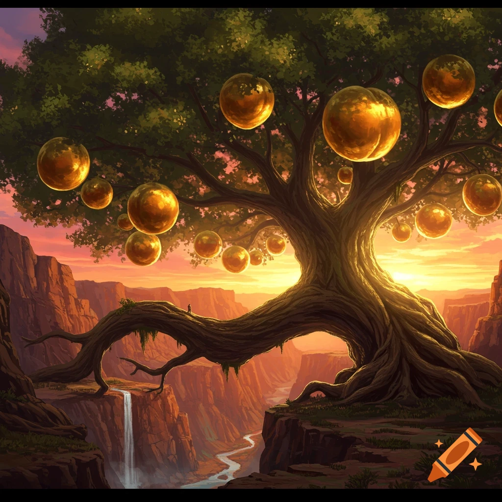 A massive tree with golden, peach-like fruits overlooks a canyon with a waterfall at sunset, in a fantasy art style.