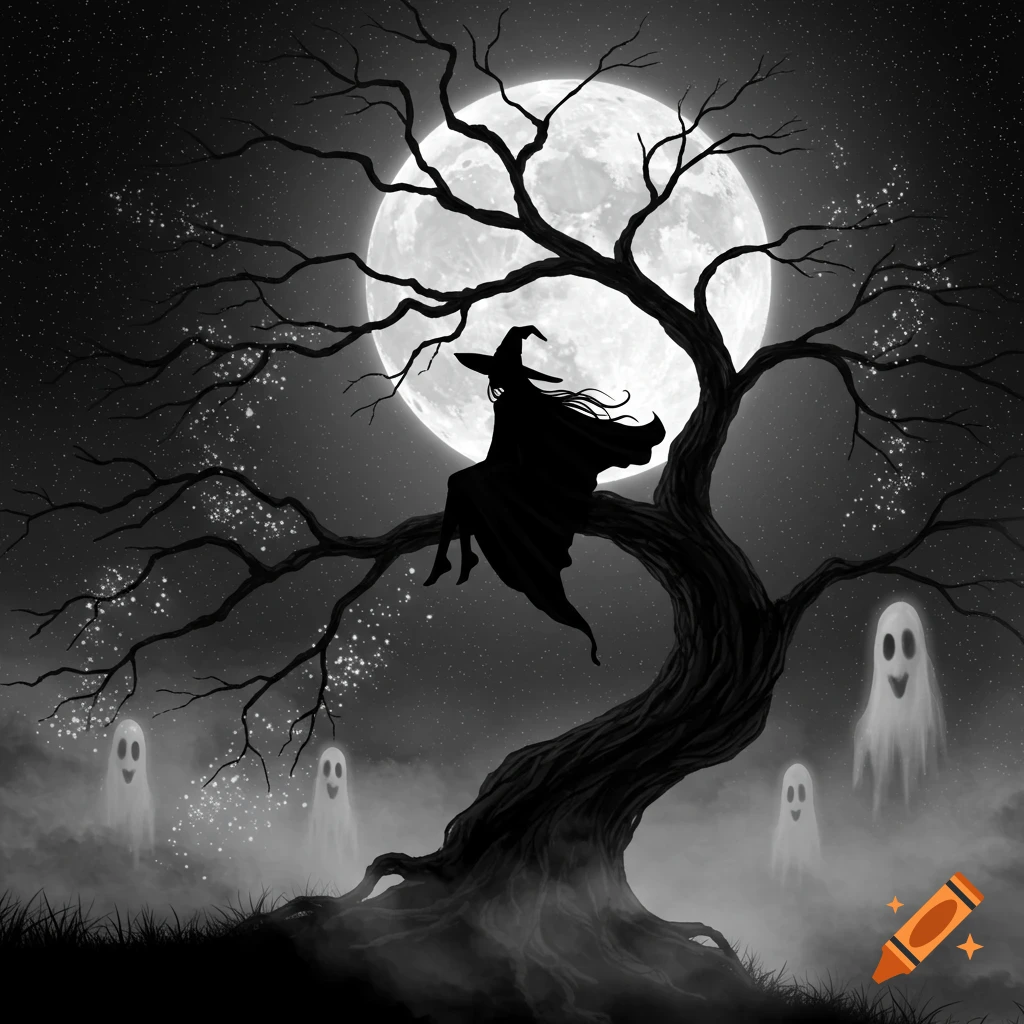 A black and white silhouette shows a witch sitting on a creepy tree branch against a large full moon, with ghosts floating below.