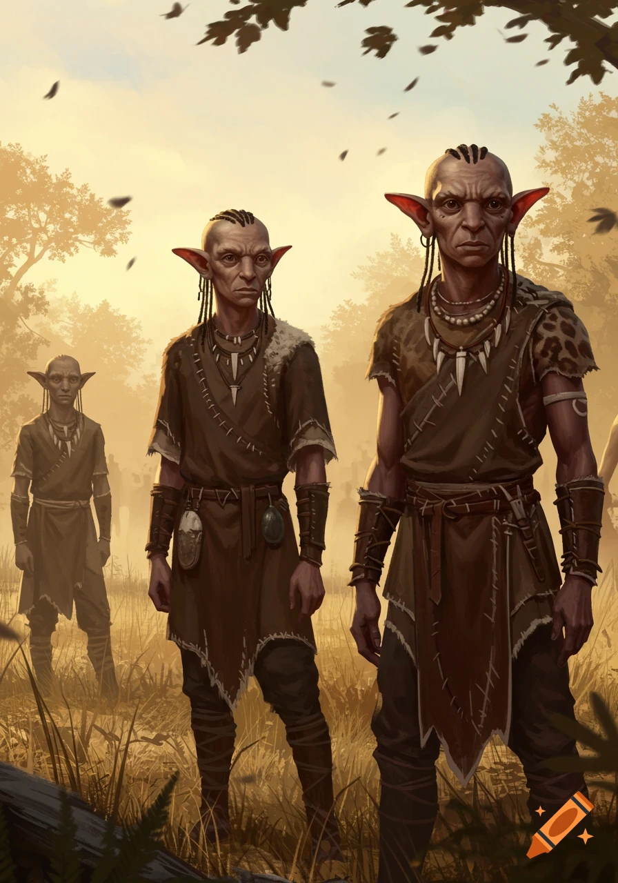 Three humanoid figures with large pointed ears and tribal clothing stand in a sunlit grassy field.