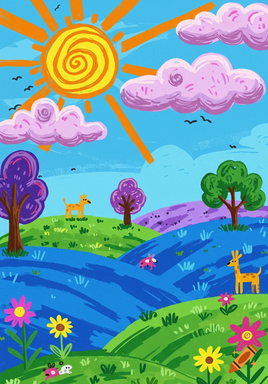 A vibrant, stylized illustration shows a colorful landscape with rolling hills, trees, flowers, two small spotted animals, and a bright, swirl-patterned sun in a blue sky with pink clouds.