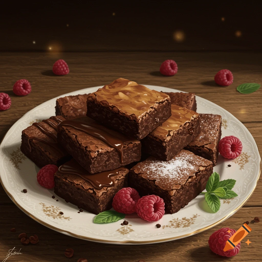 A stack of chocolate brownies with raspberries and mint leaves on a decorative white plate, set on a wooden surface.