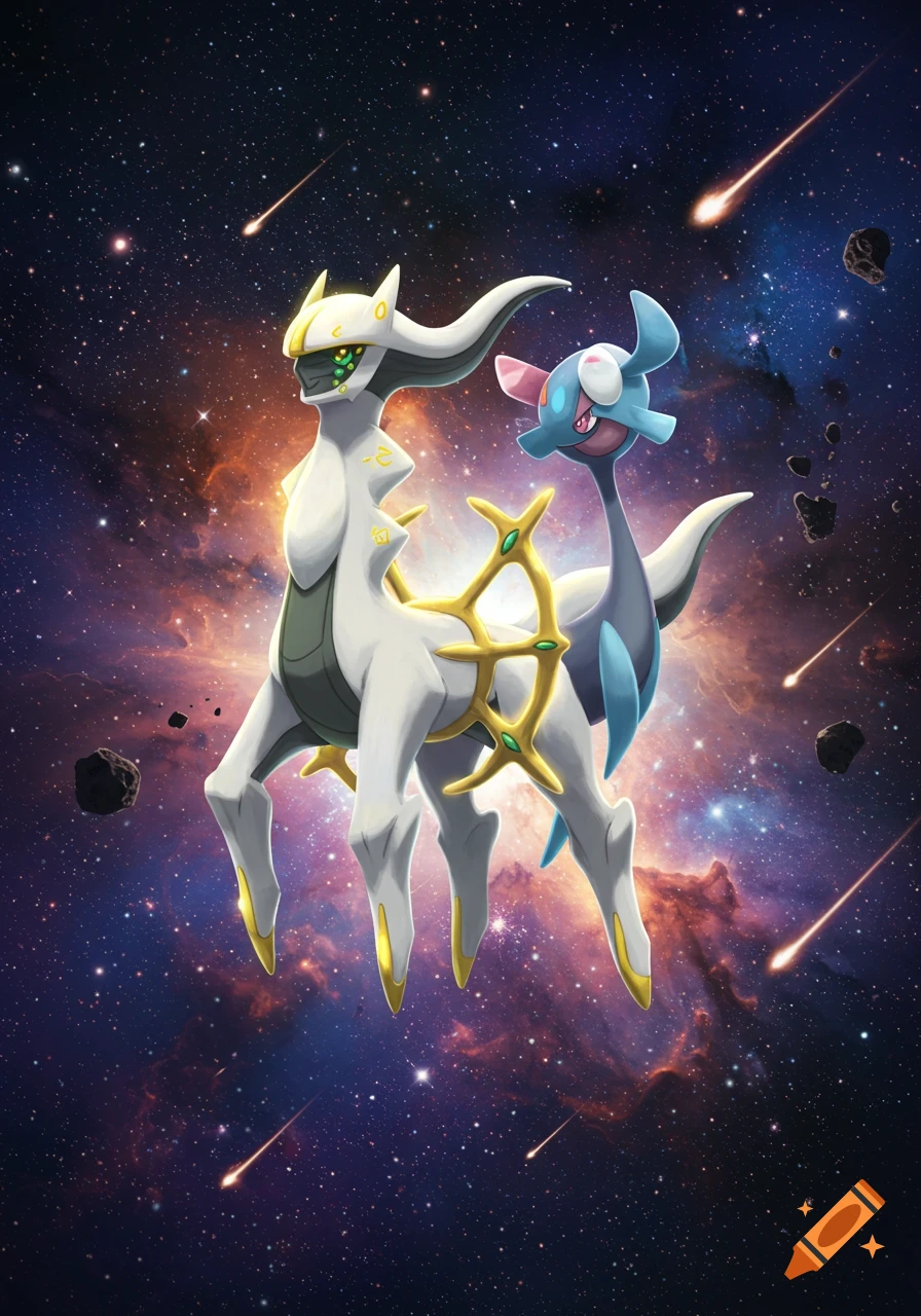 Arceus and a blue aquatic Pokmon float majestically in a vibrant cosmic nebula filled with stars and meteors.
