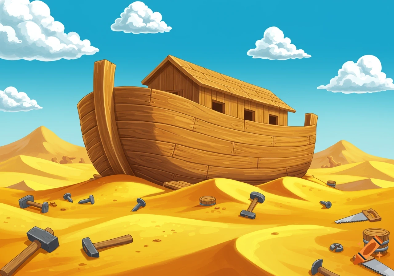A large wooden ark sits in a desert with tools scattered around, in a cartoon style. Sand dunes and hills are in the background.