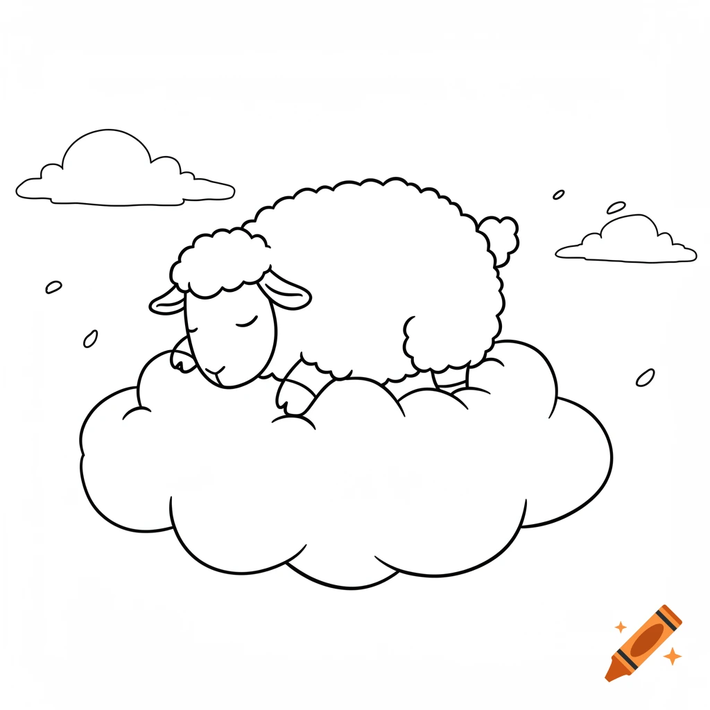A black and white line drawing of a fluffy sheep sleeping on a puffy cloud with other clouds.