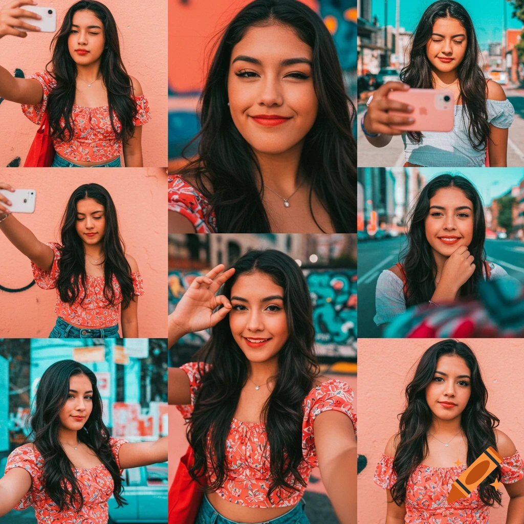 Grid of nine photorealistic portraits of a Latina teenage girl taking selfies in various poses.