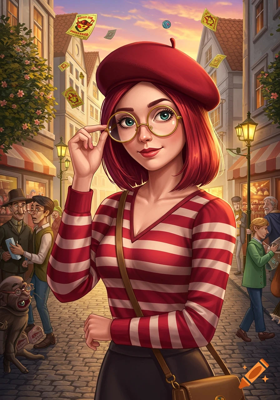 An illustration of a red-haired woman with glasses and a red beret, wearing a striped shirt, standing on a cobblestone street.