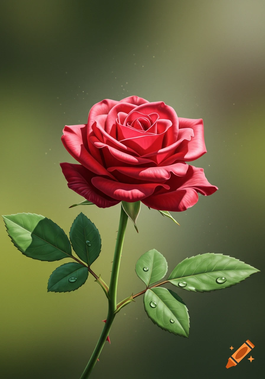 A vibrant red rose with green leaves and a stem, featuring water droplets, against a soft green background.