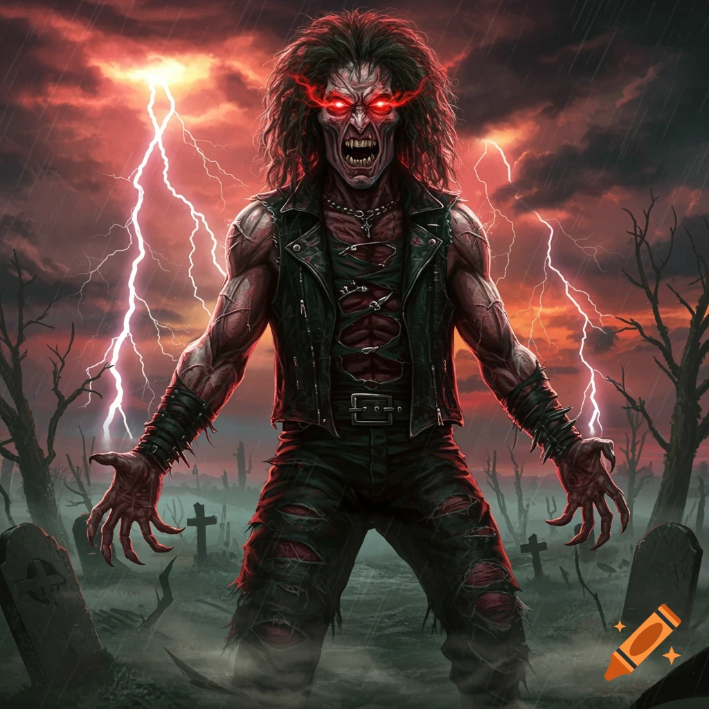 A monstrous zombie-like figure with glowing red eyes, fangs, and torn clothes stands in a stormy graveyard with lightning.
