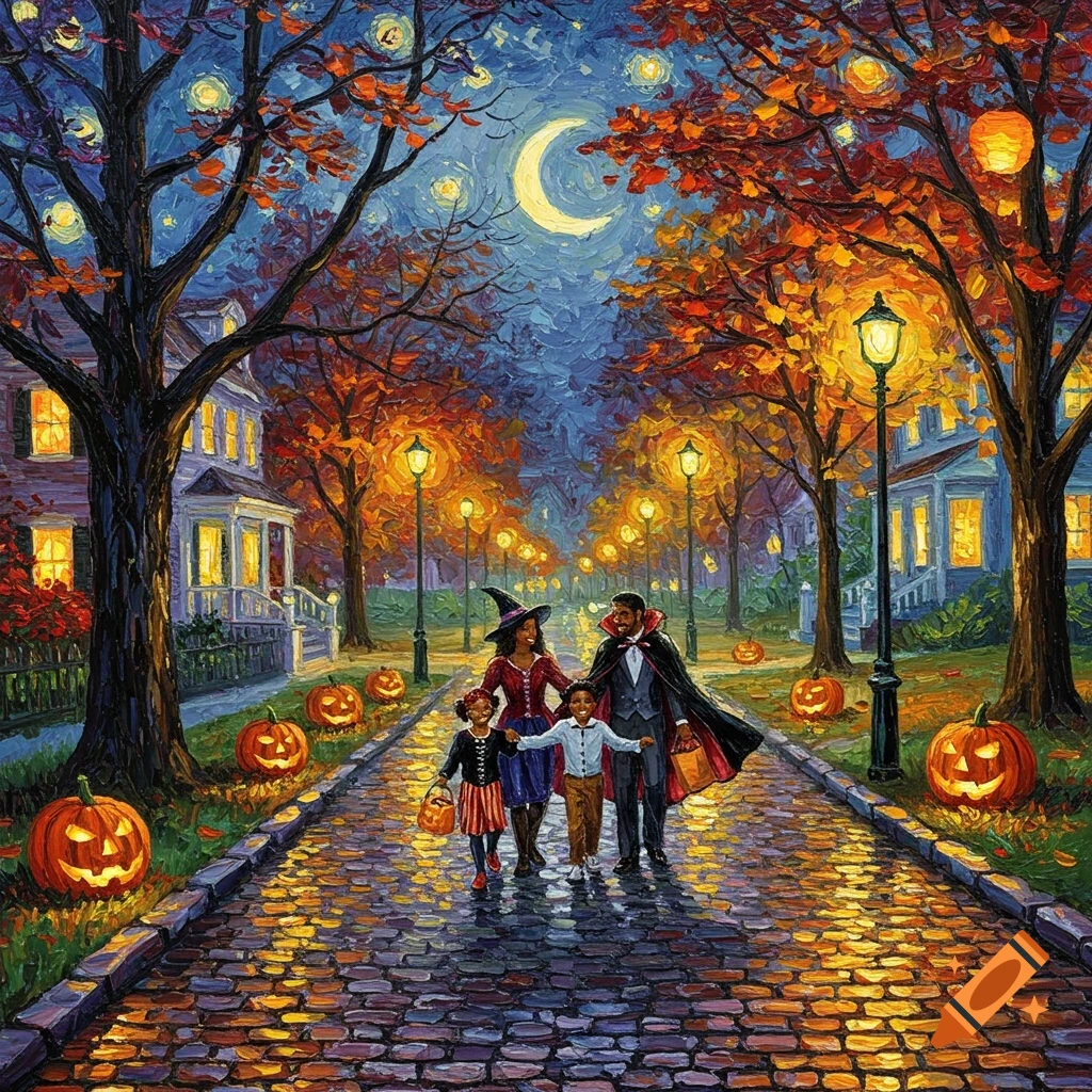 An African American family trick-or-treating on a cobblestone street at night, illuminated by streetlights, in a vibrant impasto painting style.