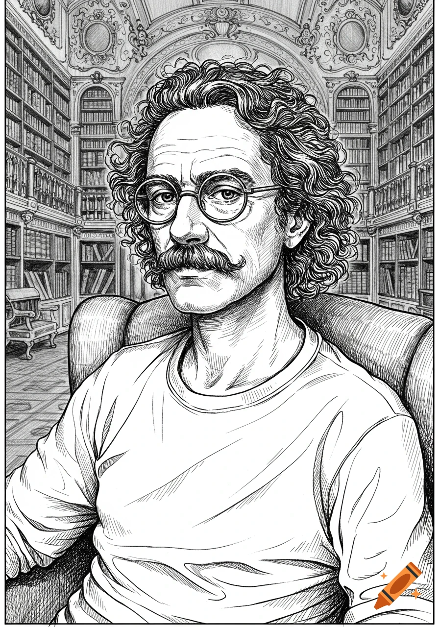 A black and white artistic portrait of a man with curly hair, glasses, and a mustache, sitting in a grand library with bookshelves.