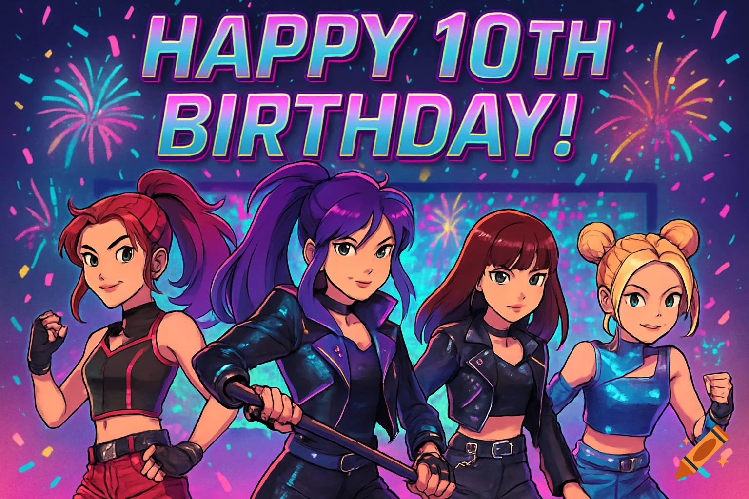 Four anime-style girls celebrating a 10th birthday with a banner, fireworks, and confetti.