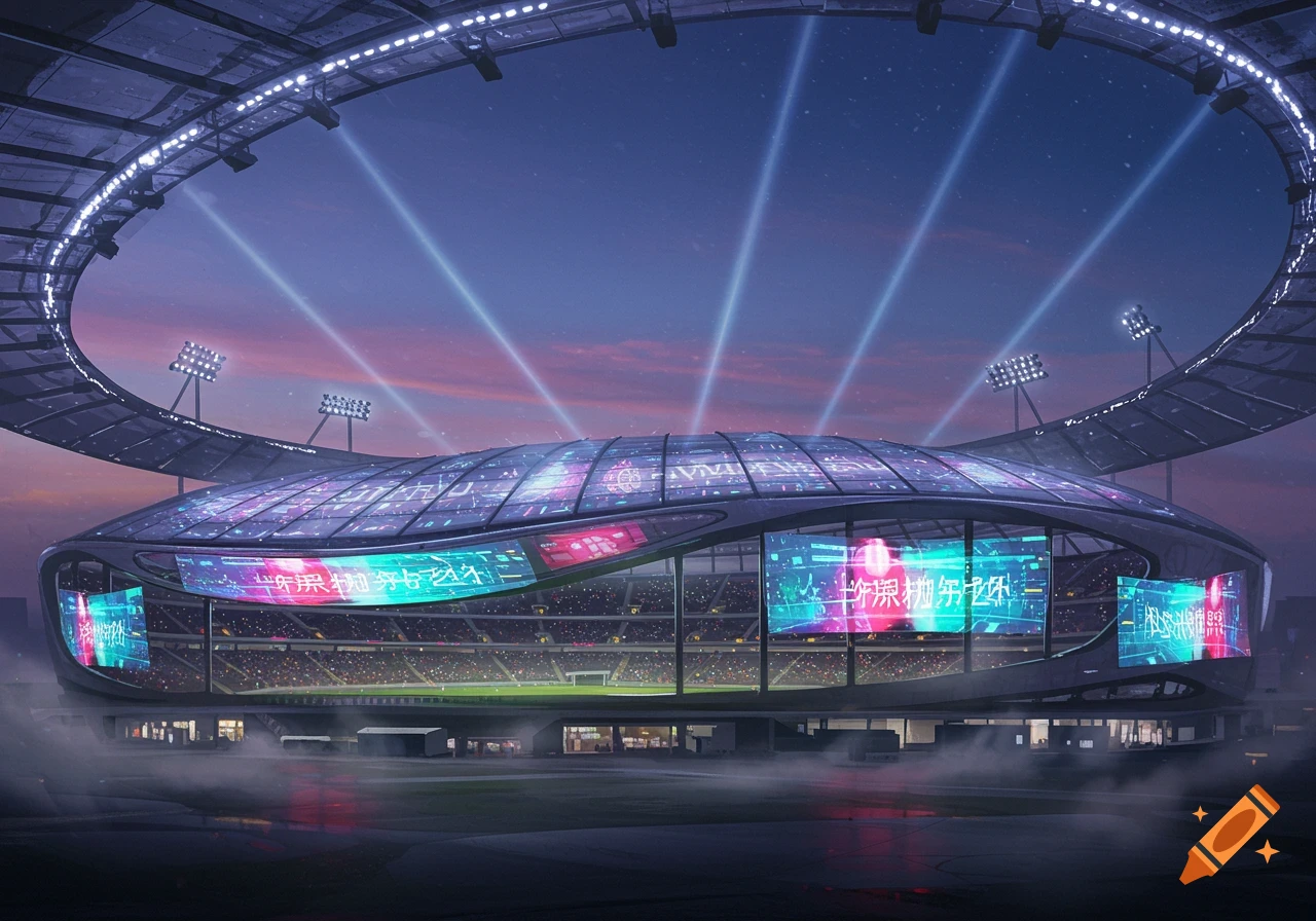 A futuristic stadium with a glowing oval roof, large digital screens, and spotlights illuminating the sky at dusk.